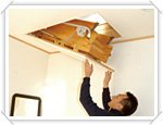 天井裏の収納スペースは、充分な広さを確保しているとのこと。この階段を使えばラクラク。