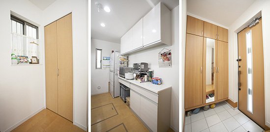 左)リビング収納、中)キッチンには吊戸棚と床下収納が2つ、右)鏡付きの大型玄関収納...充実の収納力でお部屋がスッキリとした印象に!