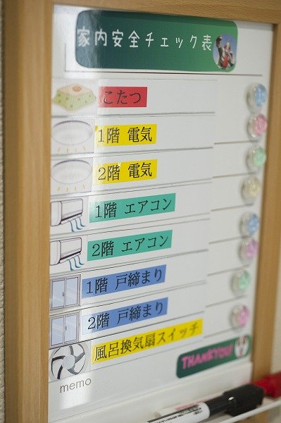 玄関には奥様手作りの安全チェック表