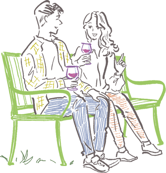 夫婦がベンチでワインを飲んでいるイラスト