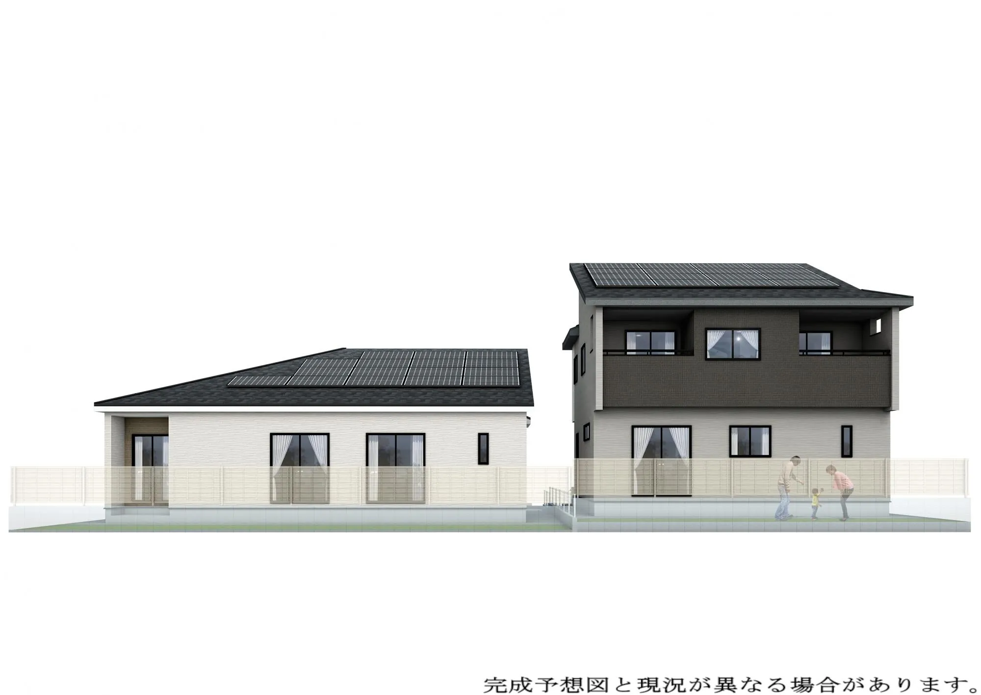 【外観完成予想図/左:1号棟(平屋)/右:2号棟(2階建て)】