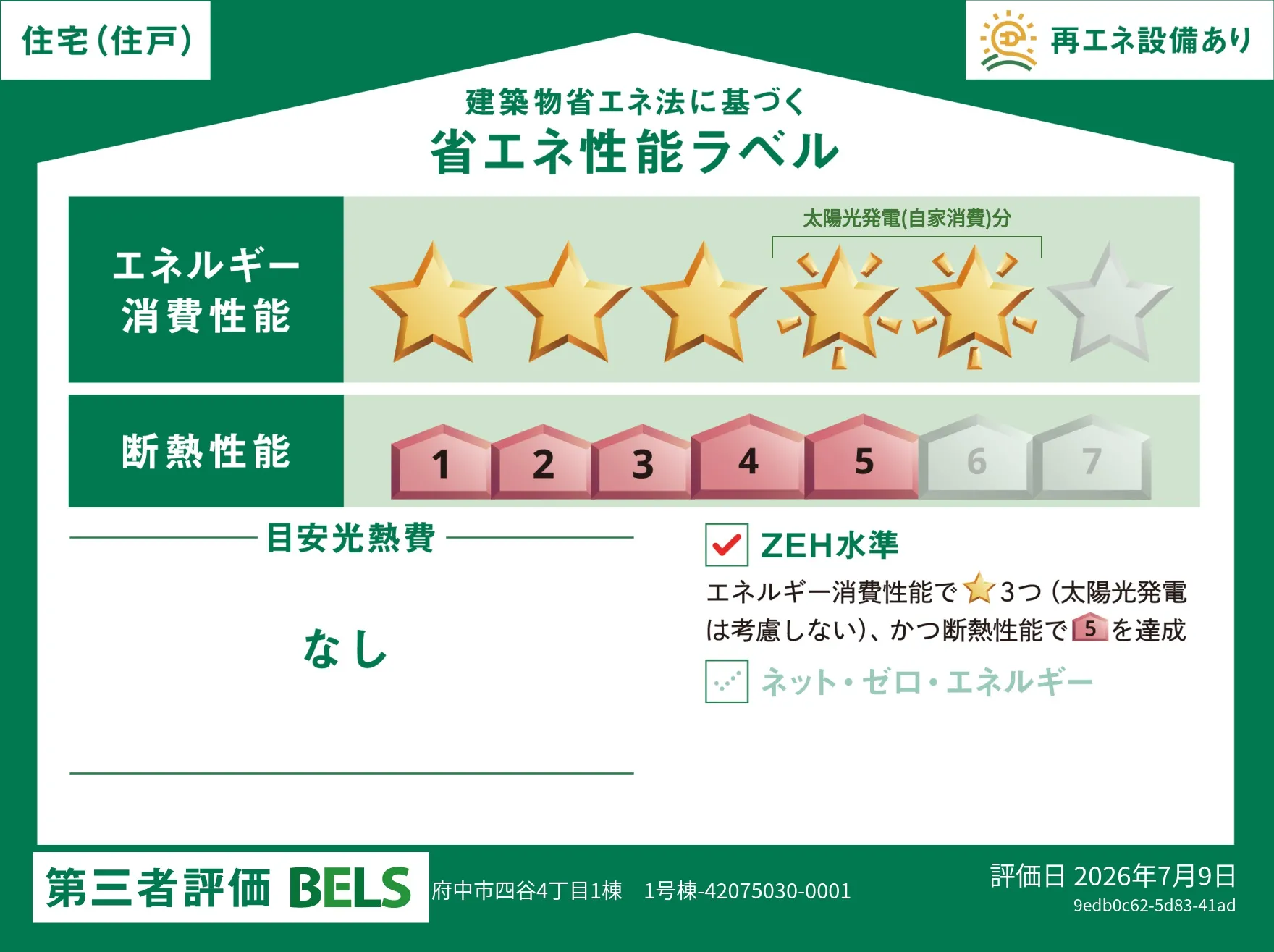 【ブルーミングガーデン 府中市四谷4丁目1棟-長期優良住宅- 】省エネ性能ラベル
